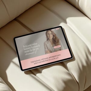 Lifestyle mockup showing a tablet displaying a Squarespace website blog or podcast page placed on a styled neutral background. Demonstrates clean spacing, feminine aesthetics, and professional layout ideal for modern entrepreneurs and content creators.
