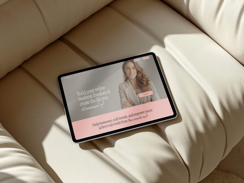 Lifestyle mockup showing a tablet displaying a Squarespace website blog or podcast page placed on a styled neutral background. Demonstrates clean spacing, feminine aesthetics, and professional layout ideal for modern entrepreneurs and content creators.