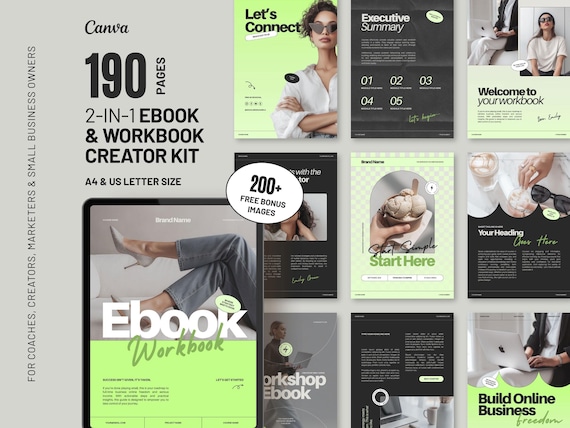 Canva Workbook Template eBook Template Canva Bundle Neon Green Branding Kit Course Creator Kit Lead Magnet Template Workbook A4 Letter D3