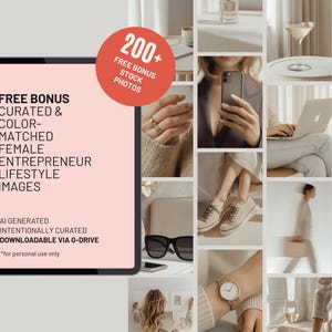 Preview of 200+ bonus feminine lifestyle stock photos included with the Squarespace website template. Images feature neutral tones, fashion details, tech flatlays, and modern entrepreneur aesthetics, perfect for branding, websites, and social content.