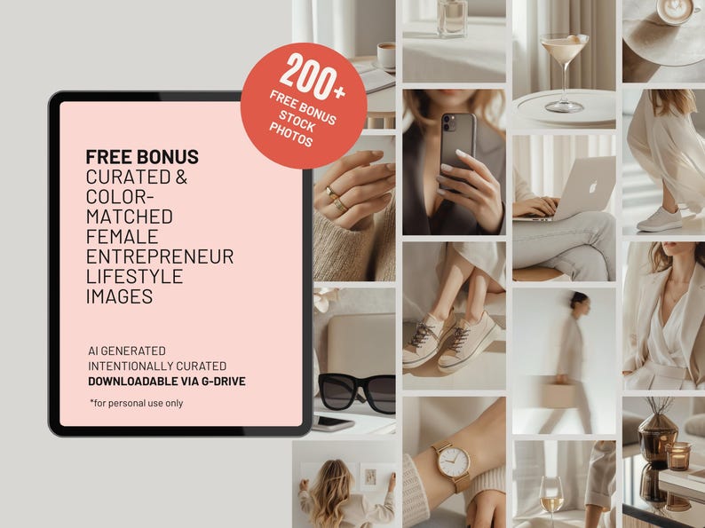 Preview of 200+ bonus feminine lifestyle stock photos included with the Squarespace website template. Images feature neutral tones, fashion details, tech flatlays, and modern entrepreneur aesthetics, perfect for branding, websites, and social content.