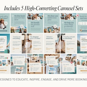 Travel Instagram carousel templates for destination guides, travel tips, itineraries, travel myths, educational content, and promotional offers. Designed for travel advisors, tourism marketers, and hospitality businesses seeking engaging social media content.