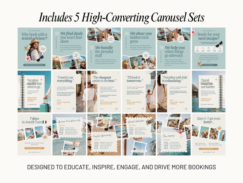 Travel Instagram carousel templates for destination guides, travel tips, itineraries, travel myths, educational content, and promotional offers. Designed for travel advisors, tourism marketers, and hospitality businesses seeking engaging social media content.