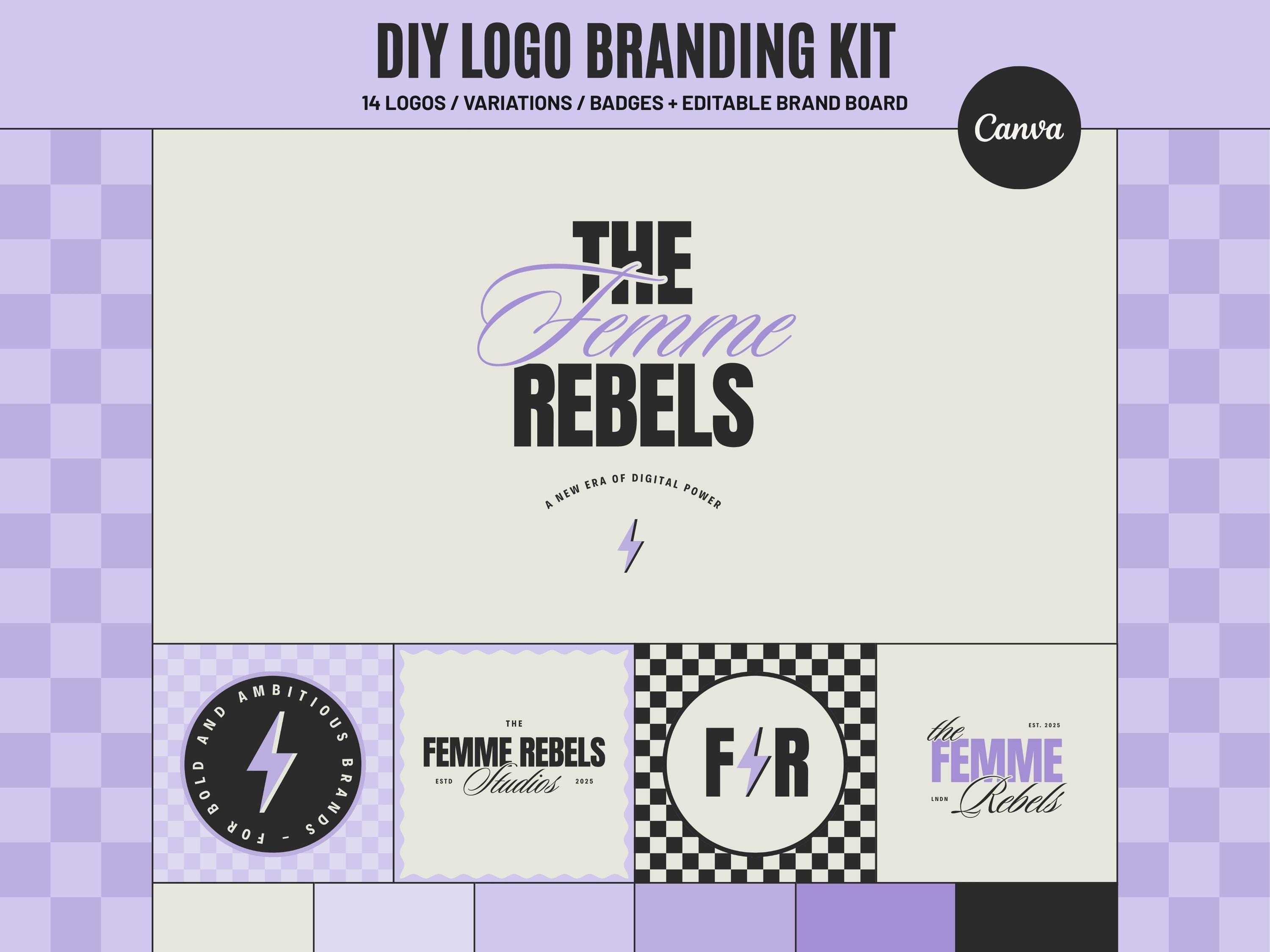 Modern Logo Kit DIY Logo Maker Premade Logo Canva Template Branding Kit Editorial Style Purple Theme Bold Trendy Design Semi Custom Brand D2