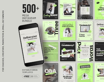 Instagram Templates Canva Bundle Neon Green Social Media Marketing Kit Aesthetic Instagram Grid Templates for Coaches Carousels D3