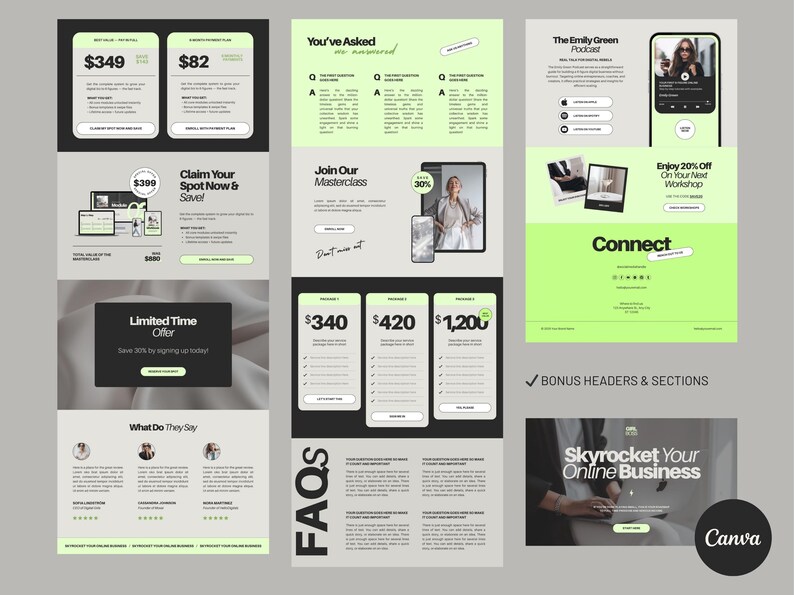 Easy-to-edit Canva landing page template for business coaches and marketers, built to showcase offers, collect leads, and boost conversions with a modern neon green design.