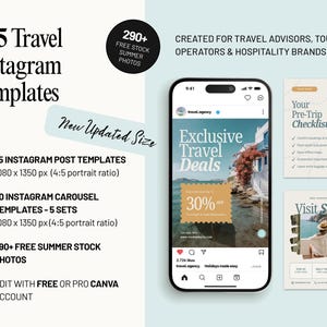 Travel social media Canva template bundle featuring 75 Instagram posts and 30 carousel templates for travel advisors, tourism businesses, hospitality brands, hotels, and resorts. Professional travel marketing content designed to promote destinations, offers, and travel services.