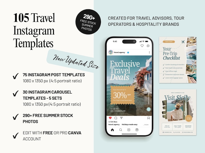 Travel social media Canva template bundle featuring 75 Instagram posts and 30 carousel templates for travel advisors, tourism businesses, hospitality brands, hotels, and resorts. Professional travel marketing content designed to promote destinations, offers, and travel services.