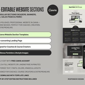 High-converting Canva website template for coaches, course creators, and service providers with 50+ modular sections designed for sales funnels, lead generation, and online program launches. All-in-one Canva website sales funnel template helping creators and coaches launch programs faster with editable layouts, mobile-friendly design, and conversion-focused sections.