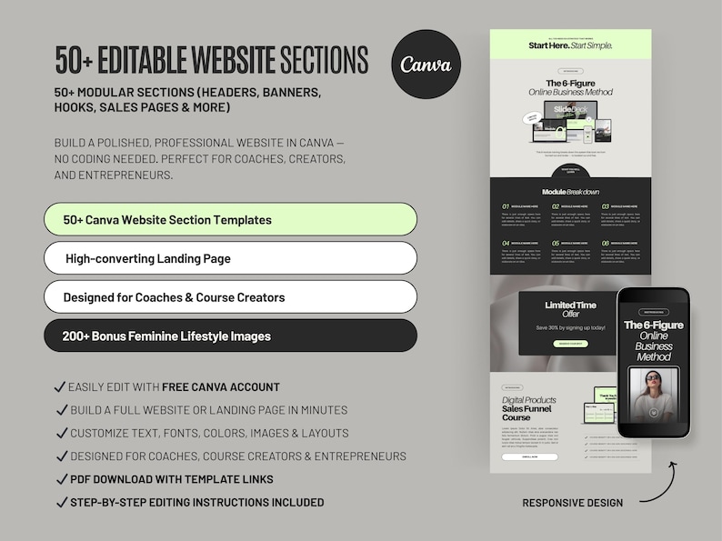 High-converting Canva website template for coaches, course creators, and service providers with 50+ modular sections designed for sales funnels, lead generation, and online program launches. All-in-one Canva website sales funnel template helping creators and coaches launch programs faster with editable layouts, mobile-friendly design, and conversion-focused sections.