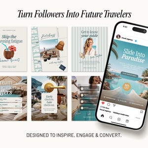 Complete travel Instagram template bundle including posts, carousel templates, and bonus travel photos. Designed for travel agencies, travel advisors, tourism businesses, hotels, resorts, and hospitality brands seeking a premium social media presence.