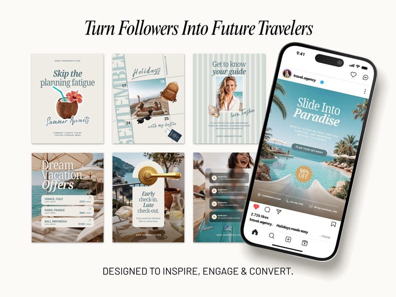 Complete travel Instagram template bundle including posts, carousel templates, and bonus travel photos. Designed for travel agencies, travel advisors, tourism businesses, hotels, resorts, and hospitality brands seeking a premium social media presence.