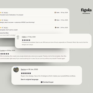 Five-star client reviews highlighting the design quality, time-saving value, and strategic layout functionality of Figola Creative digital resources.