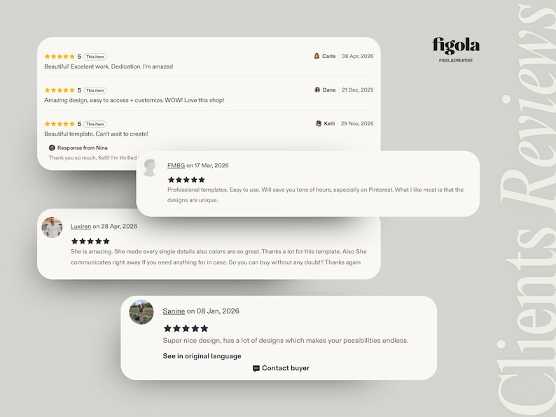 Five-star client reviews highlighting the design quality, time-saving value, and strategic layout functionality of Figola Creative digital resources.