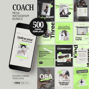 Instagram Templates Canva Bundle Neon Green Social Media Marketing Kit Aesthetic Instagram Grid Templates for Coaches Carousels D3