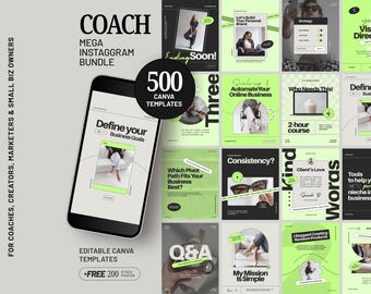 Instagram Templates Canva Bundle Neon Green Social Media Marketing Kit Aesthetic Instagram Grid Templates for Coaches Carousels D3