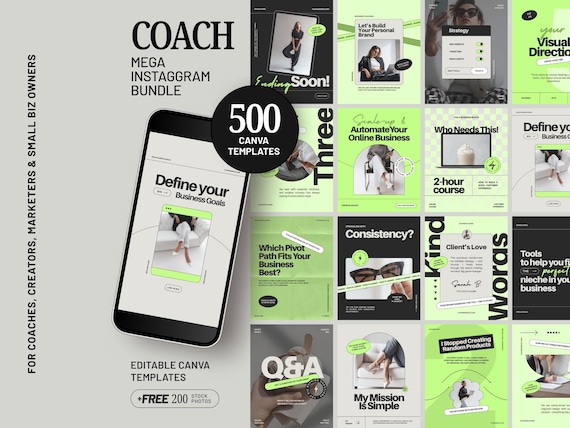 Instagram Templates Canva Bundle Neon Green Social Media Marketing Kit Aesthetic Instagram Grid Templates for Coaches Carousels D3