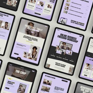 Squarespace website template for female entrepreneurs featuring a bold modern design, violet and yellow accents, and intuitive drag and drop customization. Modern feminine webpage template for Squarespace created for women entrepreneurs who want a polished, confident online presence without hiring a designer.