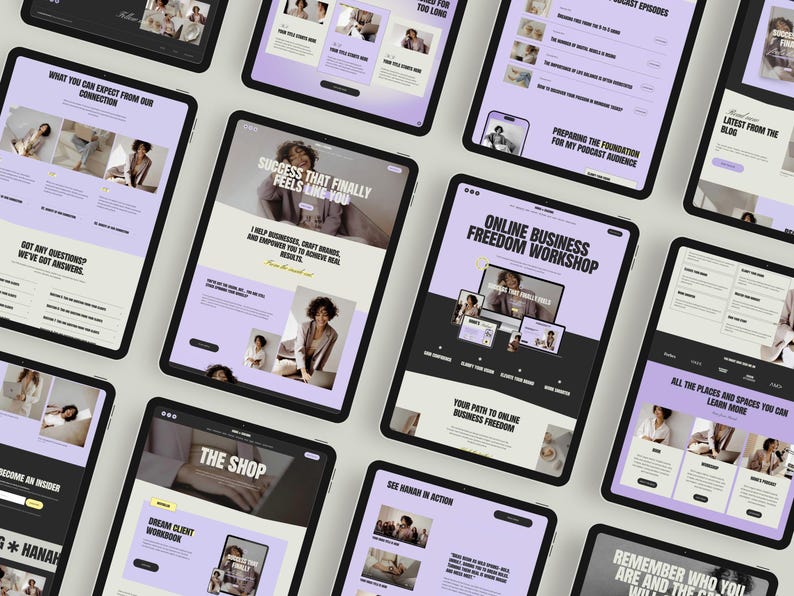 Squarespace website template for female entrepreneurs featuring a bold modern design, violet and yellow accents, and intuitive drag and drop customization. Modern feminine webpage template for Squarespace created for women entrepreneurs who want a polished, confident online presence without hiring a designer.