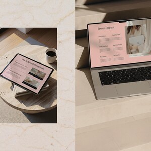 Laptop workspace scene featuring a Squarespace 7.1 website template with service sections, brand messaging, and editorial design. Ideal for coaches, consultants, and creators who want a premium website look without custom development.