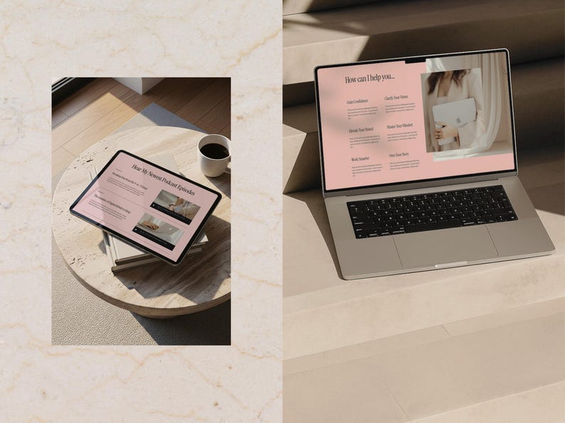 Laptop workspace scene featuring a Squarespace 7.1 website template with service sections, brand messaging, and editorial design. Ideal for coaches, consultants, and creators who want a premium website look without custom development.