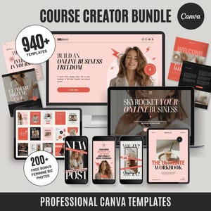 Könnte beinhalten: Grafik für ein Course Creator Bundle mit dem Text "Course Creator Bundle" und "Professional Canva Templates". Das Bild zeigt einen Computermonitor, Tablets und Smartphones mit Vorlagen und dem Text "Build an Online Business Freedom".