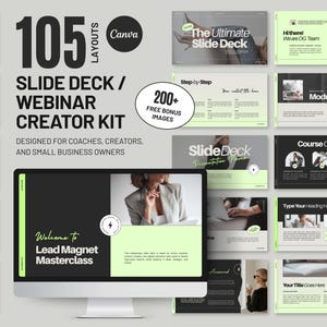 May include: A digital product kit for creating slide decks and webinars. The design includes 105 layouts, with a Canva logo, and the text "Slide Deck / Webinar Creator Kit". The kit is designed for coaches, creators, and small business owners.
