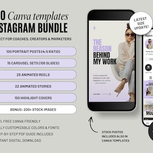May include: An Instagram bundle with 400 Canva templates for coaches, creators, and marketers. The bundle includes portrait posts, carousel sets, animated reels and stories, highlight covers, and stock images. The image shows a phone with a template design.
