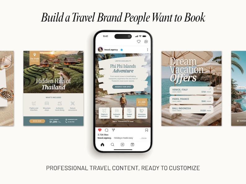 Travel social media marketing templates created to increase engagement and showcase destinations, travel packages, special offers, and client experiences. Ideal for travel advisors, agencies, resorts, and hospitality brands.