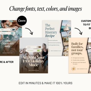Easy-to-edit Canva templates for travel businesses. Customize travel marketing posts, destination promotions, vacation packages, testimonials, and educational content in minutes without graphic design experience. Edit fonts, font sizes, colors, images and more.