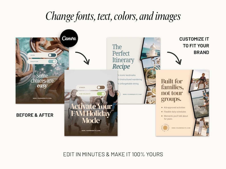 Easy-to-edit Canva templates for travel businesses. Customize travel marketing posts, destination promotions, vacation packages, testimonials, and educational content in minutes without graphic design experience. Edit fonts, font sizes, colors, images and more.