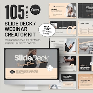 Pode incluir: Um kit digital de criação de slides e webinars com 105 layouts, projetado para coaches, criadores e proprietários de pequenas empresas. A imagem inclui uma tela de computador.