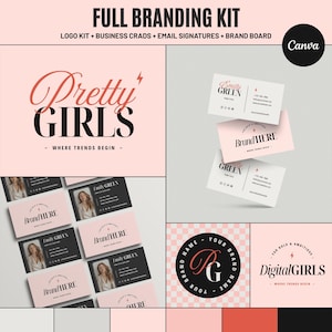 May include: A branding kit with a pink and black color scheme. The kit includes a logo, business cards, email signatures, and a brand board. The words "Pretty Girls" and "Digital Girls" are displayed. The business cards feature the name "Emily Green".