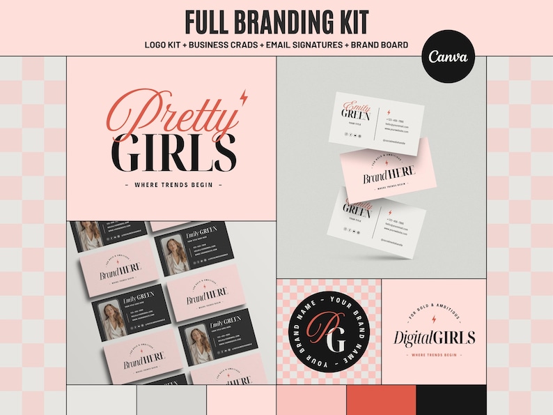 May include: A branding kit with a pink and black color scheme. The kit includes a logo, business cards, email signatures, and a brand board. The words "Pretty Girls" and "Digital Girls" are displayed. The business cards feature the name "Emily Green".