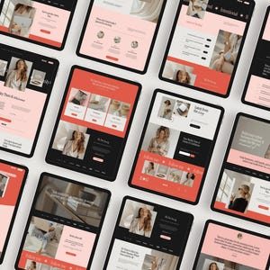 Grid of multiple Squarespace website page designs showcasing homepage sections, blog layouts, podcast pages, CTAs, and editorial styling. Designed for personal brands, course creators, and entrepreneurs who want a cohesive, polished online presence.