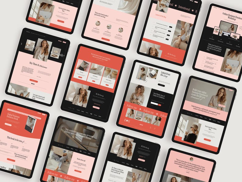 Grid of multiple Squarespace website page designs showcasing homepage sections, blog layouts, podcast pages, CTAs, and editorial styling. Designed for personal brands, course creators, and entrepreneurs who want a cohesive, polished online presence.