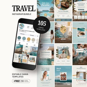 Reizen Instagram-sjablonen Canva-bundel, socialmediakit reisbureau, marketingposts zomertouroperator, horecacarrousels, T1