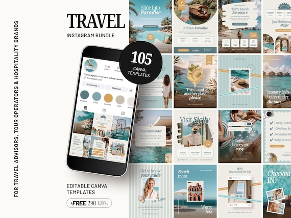 Travel Instagram Templates Canva Bundle, Travel Agency Social Media Kit, Summer Tour Operator Marketing Posts, Hospitality Carousels, T1