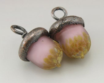 Pink Lampwork Bead Acorn Bead Autumn Glass Bead Lampwork Copper Electroformed Beads Etched Beads Fall Jewelry Supplies Heather Behrendt