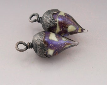 Handmade Lampwork Beads Purple Beige Earring Pair Purple Lampwork Glass SRA Lampwork Copper Pair Jewelry Supplies Heather Behrendt