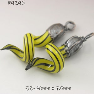 SRA Lampwork Bead, Curly Abstract Earring Pair, Copper Electroformed, Yellow Lampwork Bead, Black Stripe, Jewelry Supplies, Heather Behrendt