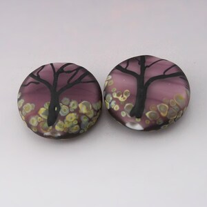 SRA Lampwork Bead Pair Tree Beads Fall Beads Autumn Beads Etched Lampwork Beads Artisan Glass Beads Pink Purple Blue Green Heather Behrendt Amethyst