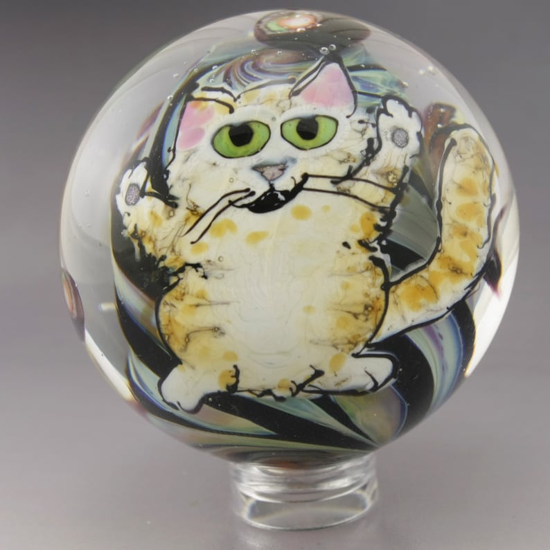 SRA Lampwork Glass MIB Collectible Art Glass Marble Cat Eating Sushi Kitty Animal Handmade Marble Heather Behrendt m123 image 2