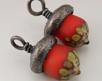 Red Orange Lampwork Bead Acorn Bead Autumn Glass Bead Lampwork Copper Electroformed Bead Etched Beads Fall Jewelry Supplies Heather Behrendt