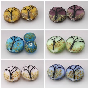 SRA Lampwork Bead Pair Tree Beads Fall Beads Autumn Beads Etched Lampwork Beads Artisan Glass Beads Pink Purple Blue Green Heather Behrendt image 1