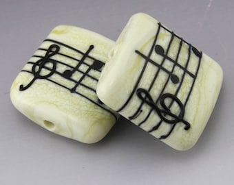 SRA Lampwork Beads Music Beads Ivory Cream Treble Clef Bead Flat Bead Shape Ivory Cream Handmade Lampwork Earring Pair Heather Behrendt SRA