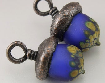 Dark Blue Lampwork Bead Acorn Bead Autumn Glass Bead Lampwork Copper Electroformed Bead Etched Beads Fall Jewelry Supplies Heather Behrendt