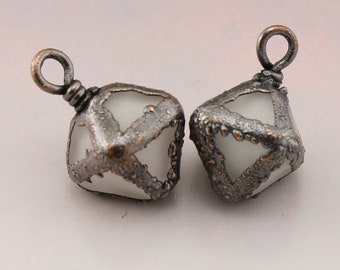 White Lampwork Beads Geometric Earring Pair Copper Electroformed Crystal Glass Bead SRA Lampwork Bead Jewelry Supplies Heather Behrendt