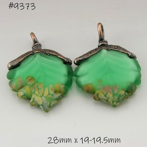 SRA Lampwork Beads Green Etched Emerald Leaf Bead Pair Copper Electroformed Earring Pair Electroplated Jewelry Supplies Heather Behrendt image 1