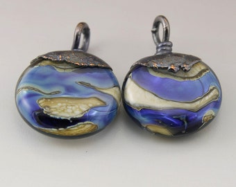 Lampwork Beads Lentil Bead Pair Blue Luster Beige Glass Bead Copper Electroformed Earring Pair Copper Jewelry Supplies Heather Behrendt